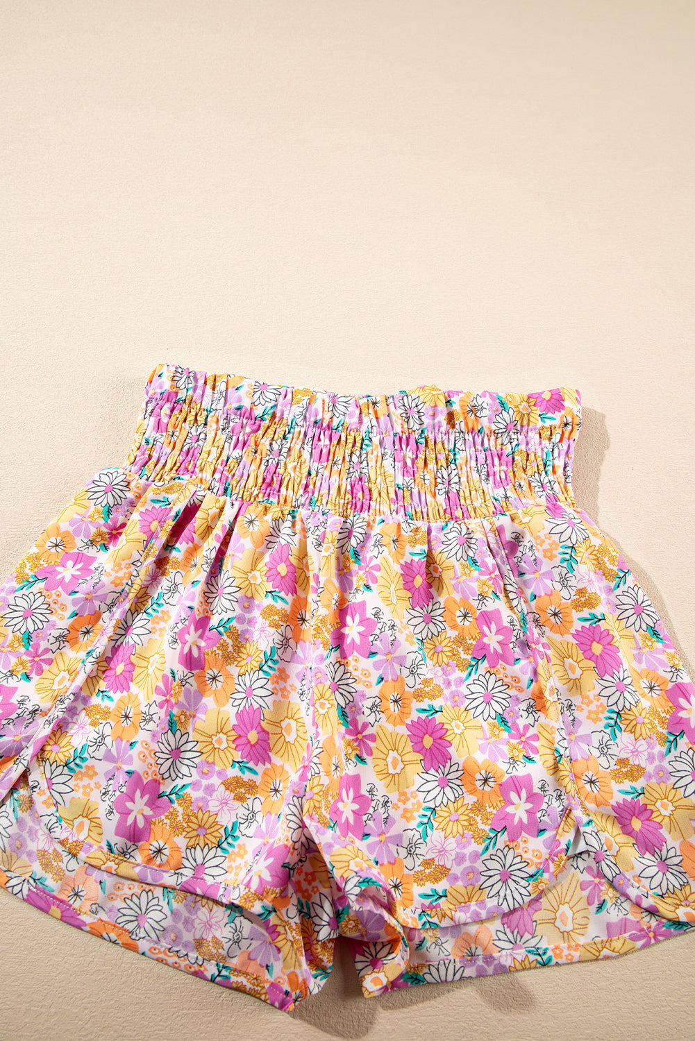 Pink Boho Floral Shirred High Waist Casual Shorts-Bella Boutique Collective