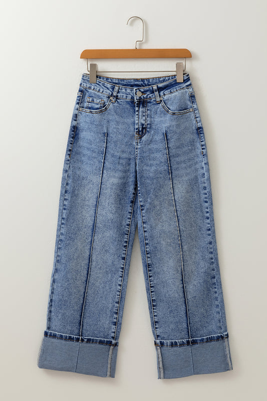 Myosotis Center Seam Cuffed Hem Straight High Waist Jeans-Bella Boutique Collective