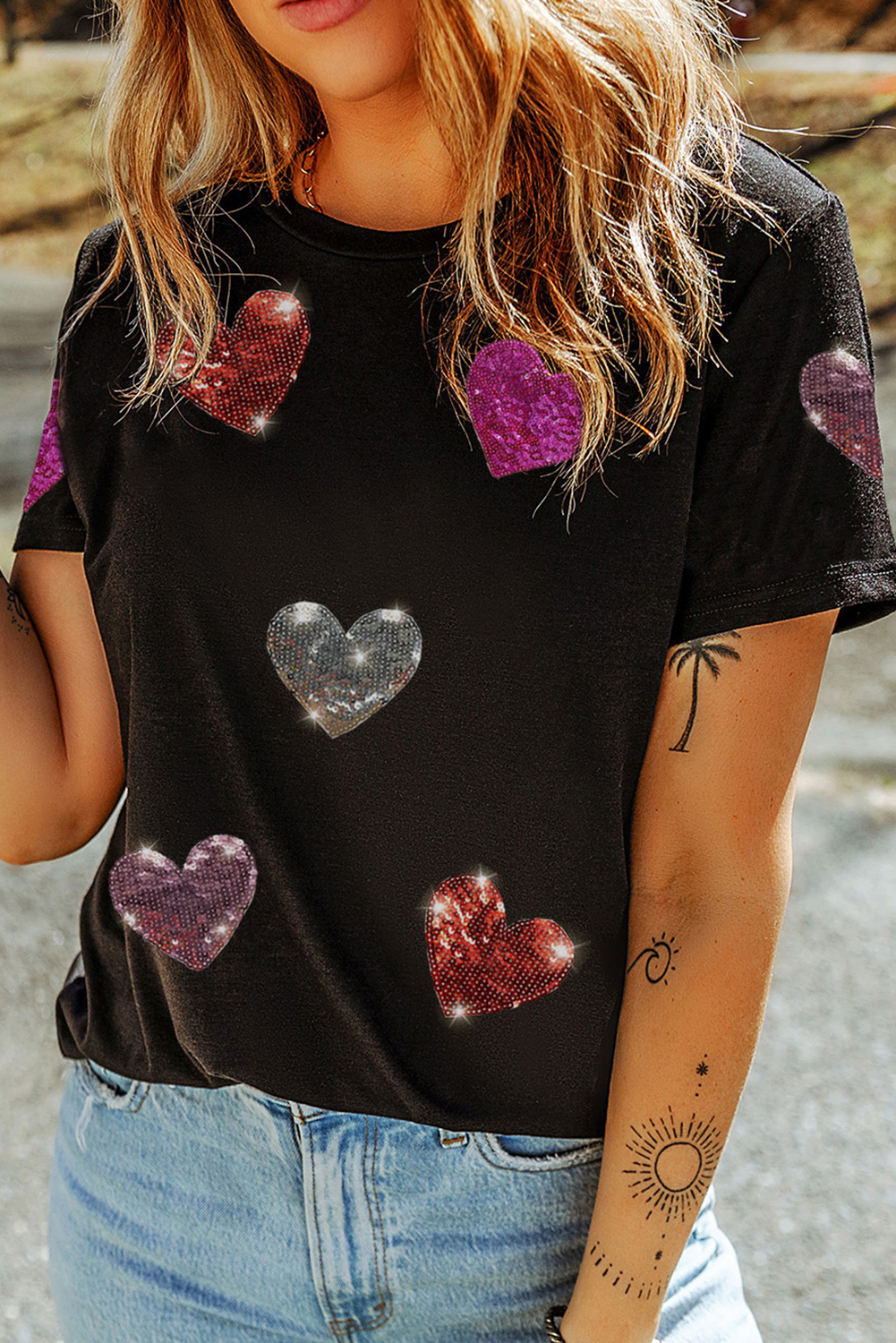 Black Sequin Heart Patched Pattern Crewneck Valentines Tee-Bella Boutique Collective