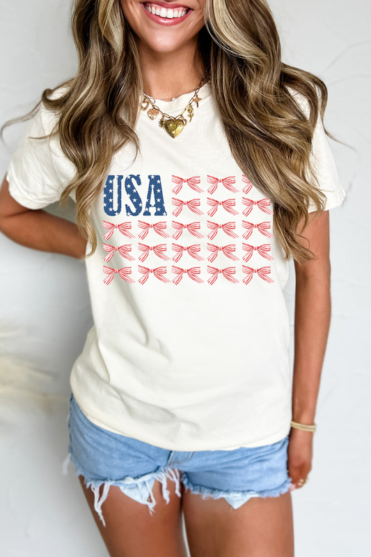 White USA Flag Bow Knot Print Round Neck T Shirt-Bella Boutique Collective