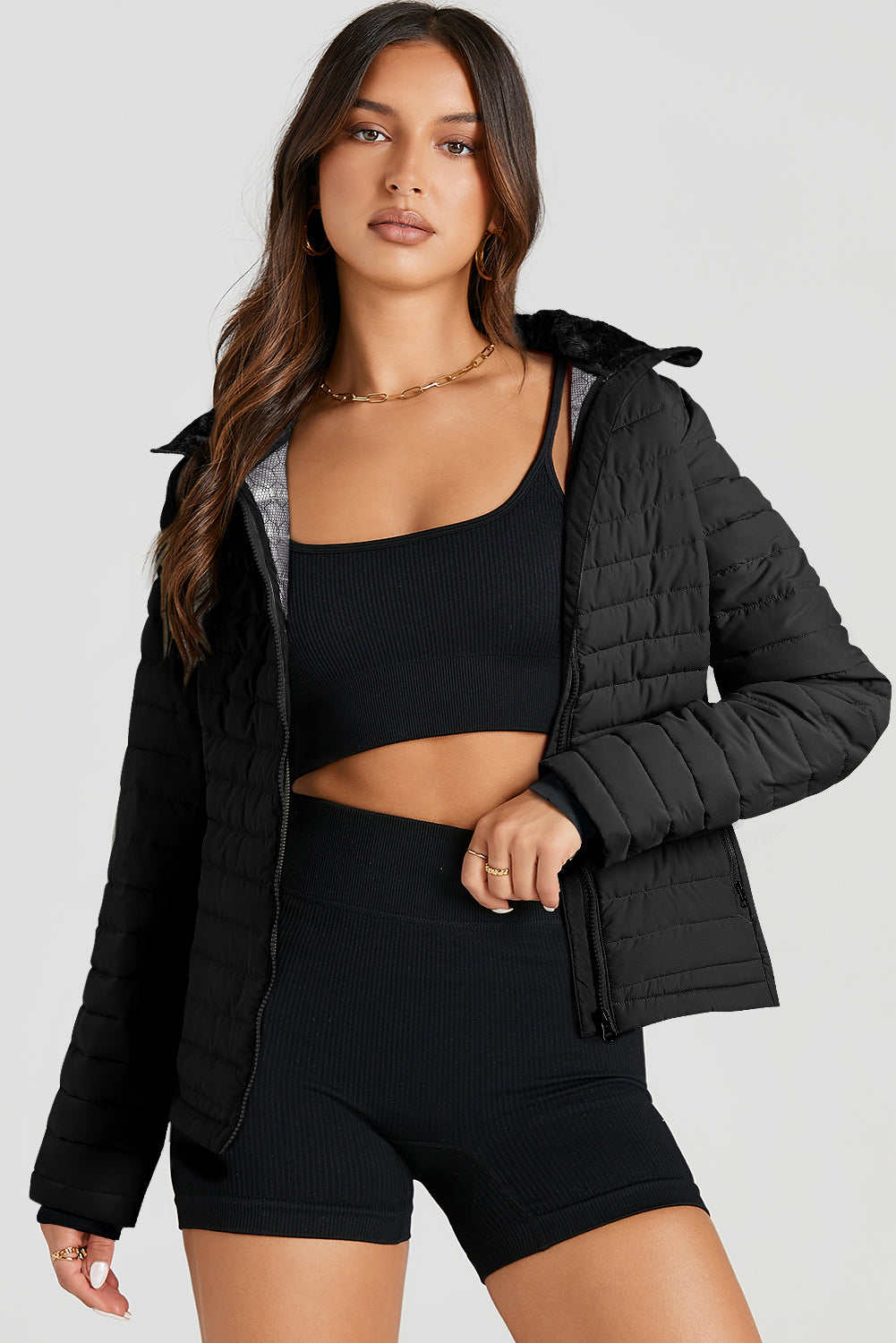 Black Solid Color Quilted Zip-up Puffer Jacket-Bella Boutique Collective