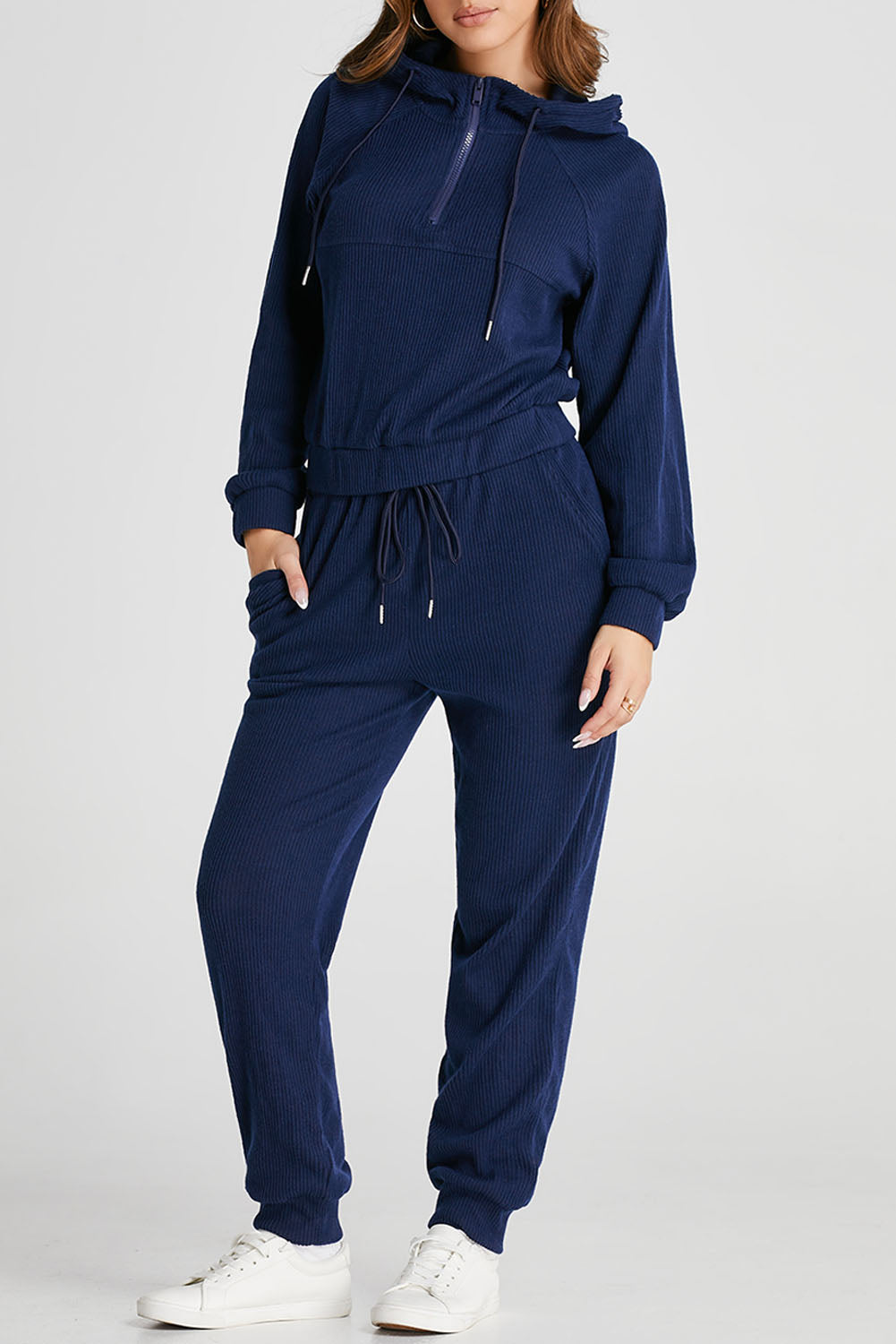 Navy Blue Ribbed Knit Cropped Hoodie and Drawstring Joggers Set-Bella Boutique Collective