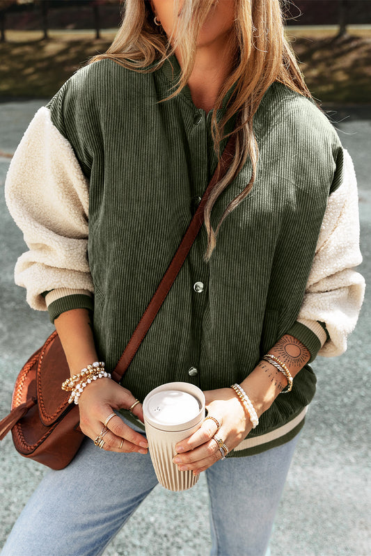 Mist Green Corduroy Fleece Patchwork Buttoned Bomber Jacket-Bella Boutique Collective