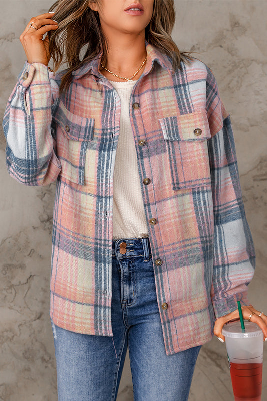 Pink Black/Pink Plaid Flap Pockets Shacket-Bella Boutique Collective