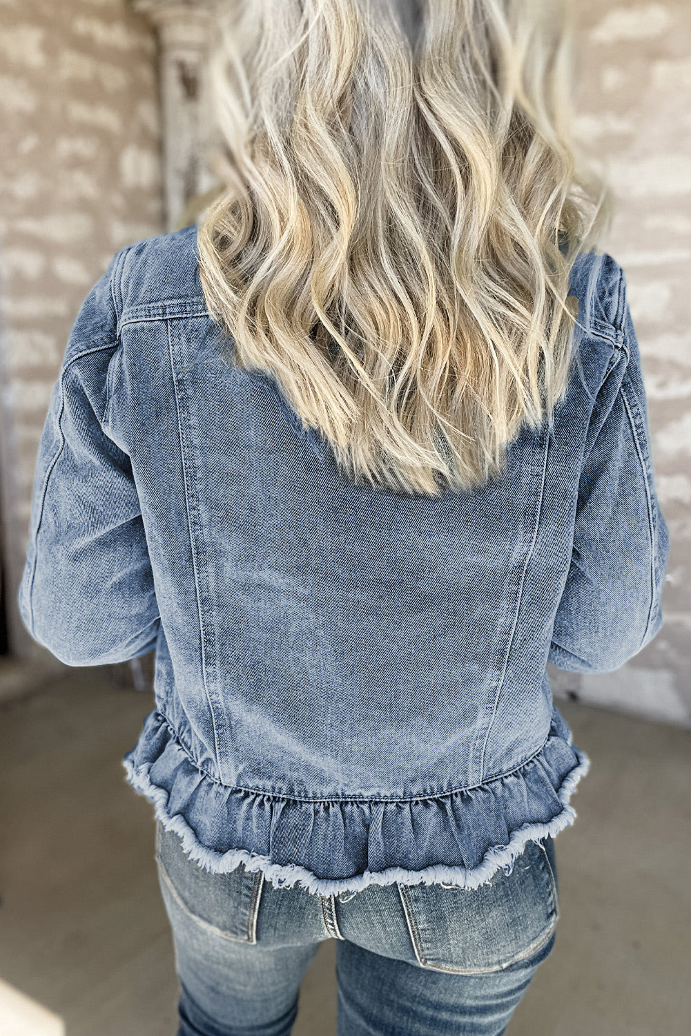 Beau Blue Ruffle Raw Hem Flap Pockets Denim Jacket-Bella Boutique Collective