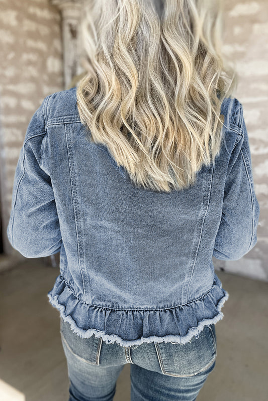 Beau Blue Ruffle Raw Hem Flap Pockets Denim Jacket-Bella Boutique Collective