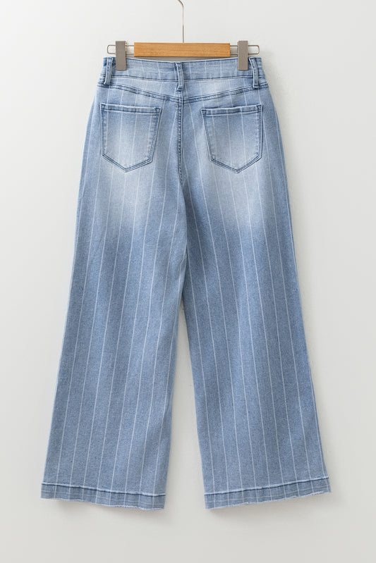 Beau Blue Multi Buttons Pinstripe Wide Leg Jeans-Bella Boutique Collective