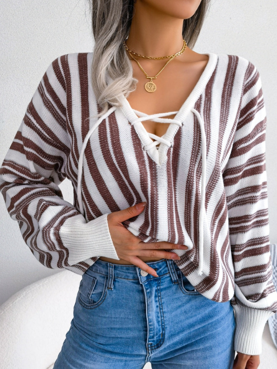 Striped Lace-Up Long Sleeve Sweater-Bella Boutique Collective