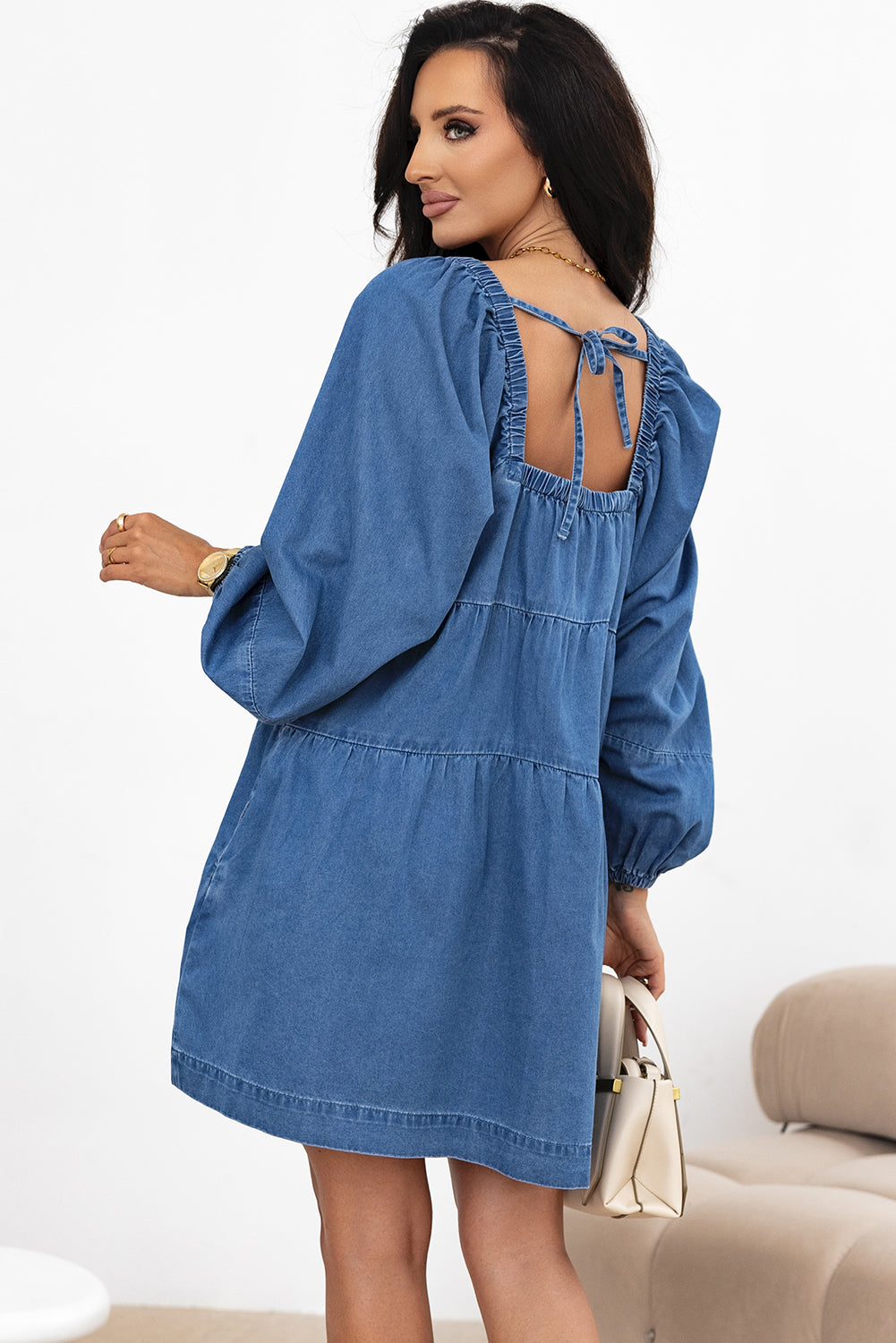 Dusk Blue Square Neck Side Pockets Loose Fit Denim Mini Dress-Bella Boutique Collective