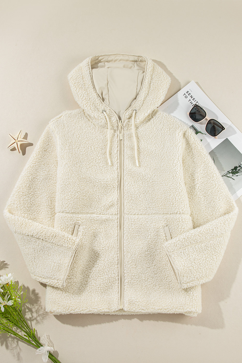 Beige Fleece Zip Up Drawstring Hooded Pocketed Jacket-Bella Boutique Collective