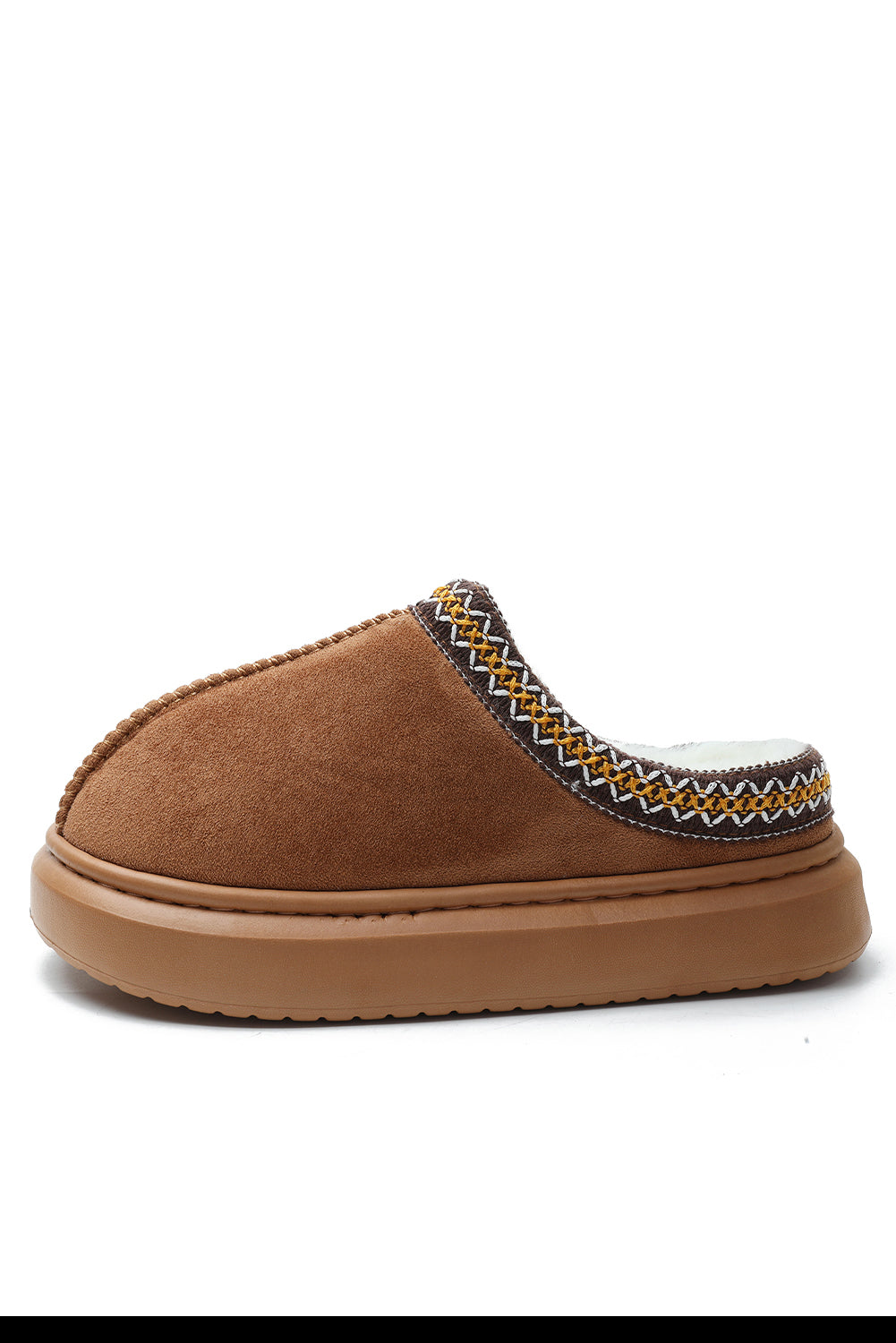 Chestnut Contrast Edge Suede Plush Lined Thick Sole Winter Slippers-Bella Boutique Collective
