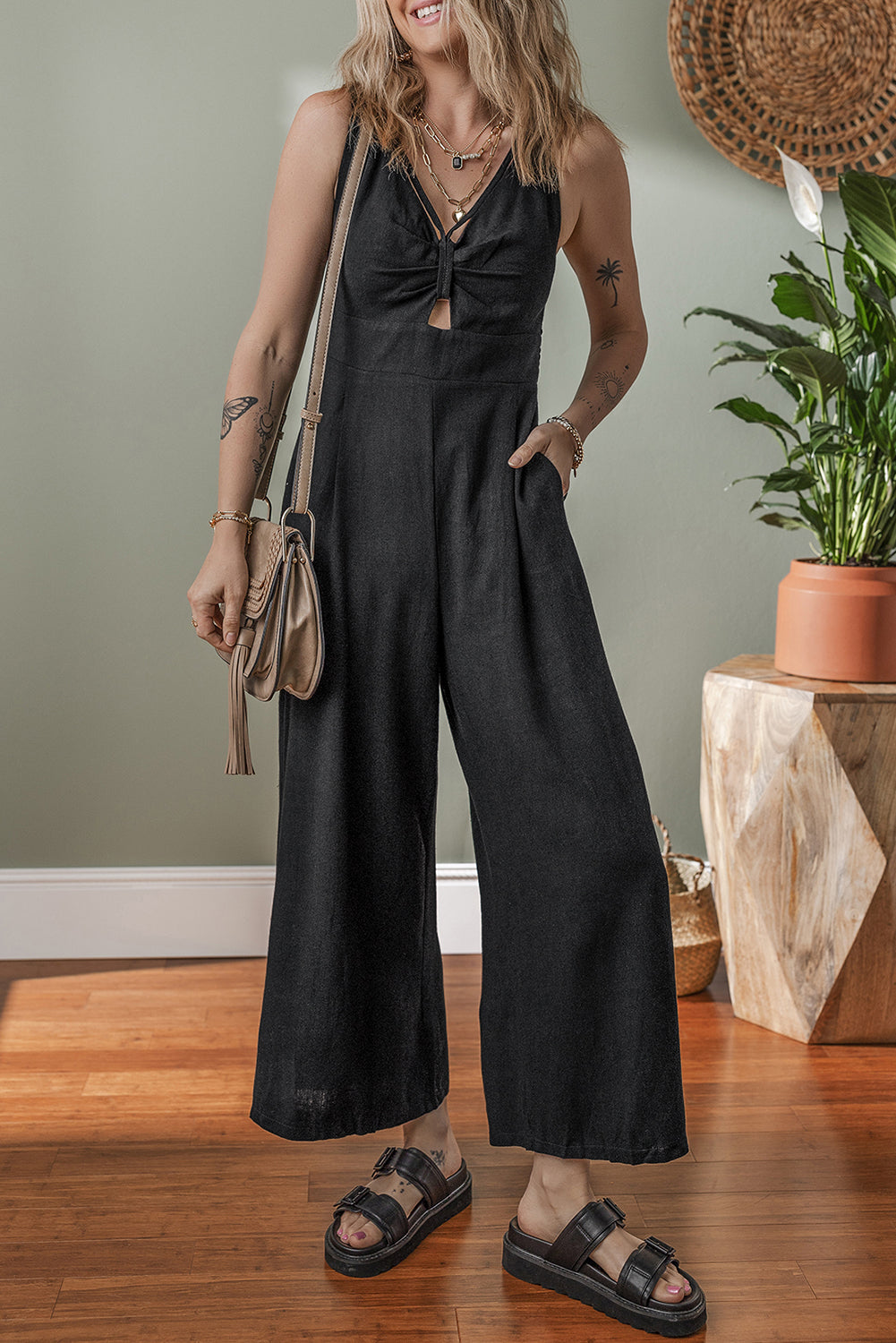 Black Front Cut Out Smocked Back Sleeveless Wide Leg Jumpsuit-Bella Boutique Collective