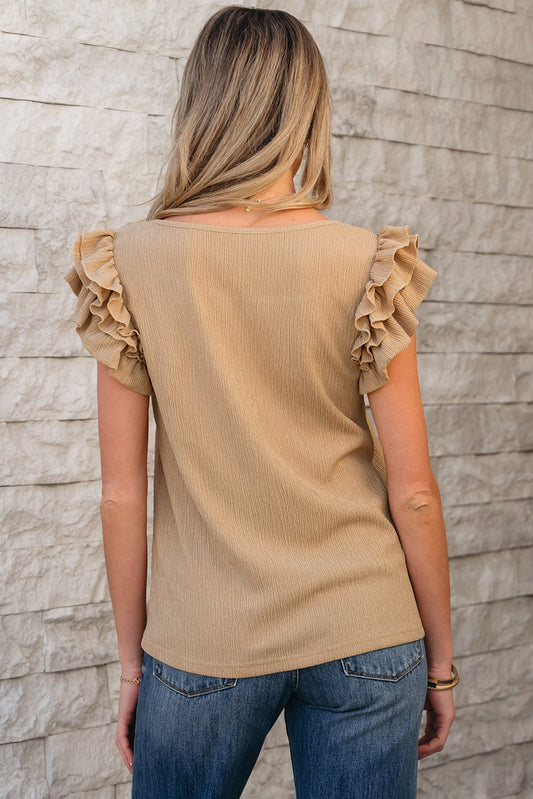Smoke Gray Ruffled Tiered Sleeve Square Neck Textured Top-Bella Boutique Collective
