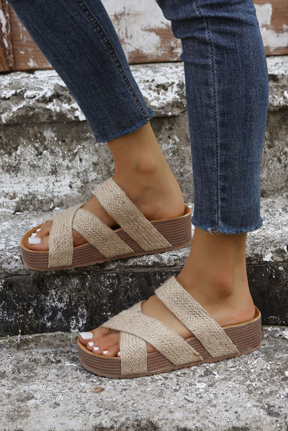 Beige Woven Cross Criss Hollowed Slip-On Slippers-Bella Boutique Collective