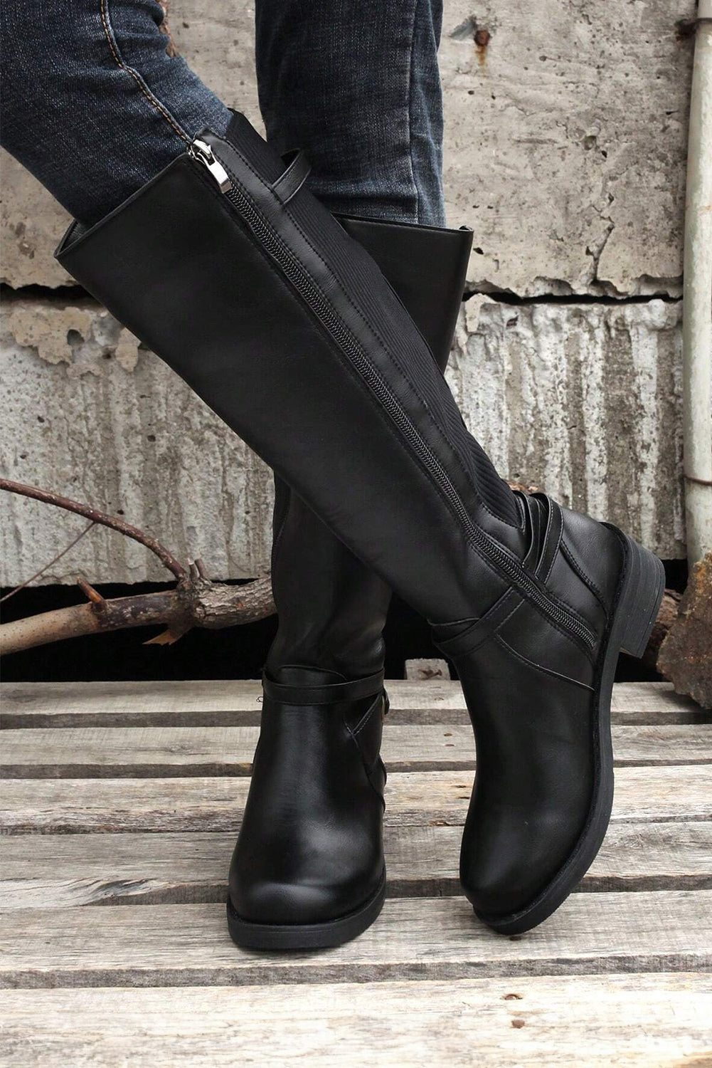 Black Side Zipper Knee High Chunky Low Heel Boots-Bella Boutique Collective
