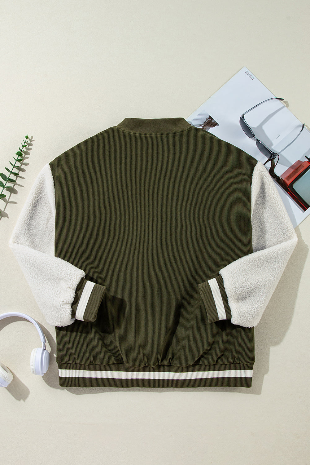 Mist Green Corduroy Fleece Patchwork Buttoned Bomber Jacket-Bella Boutique Collective