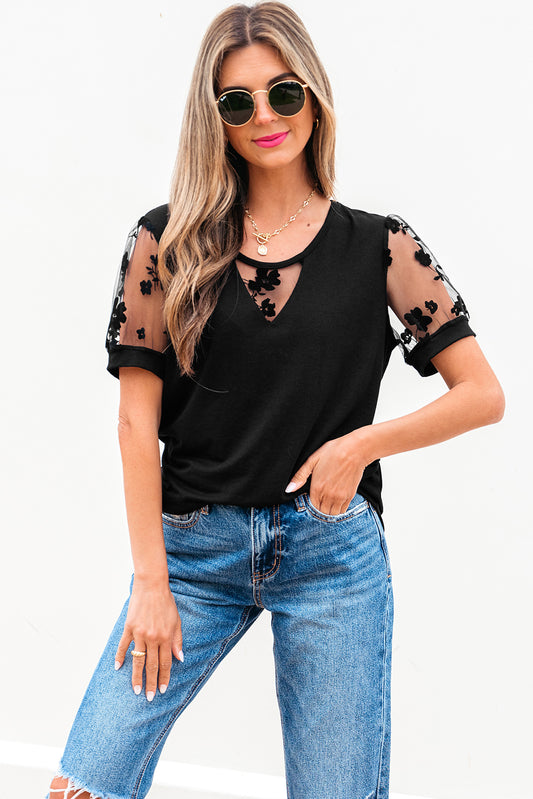 Black Flora Lace Patchwork Crew Neck T Shirt-Bella Boutique Collective