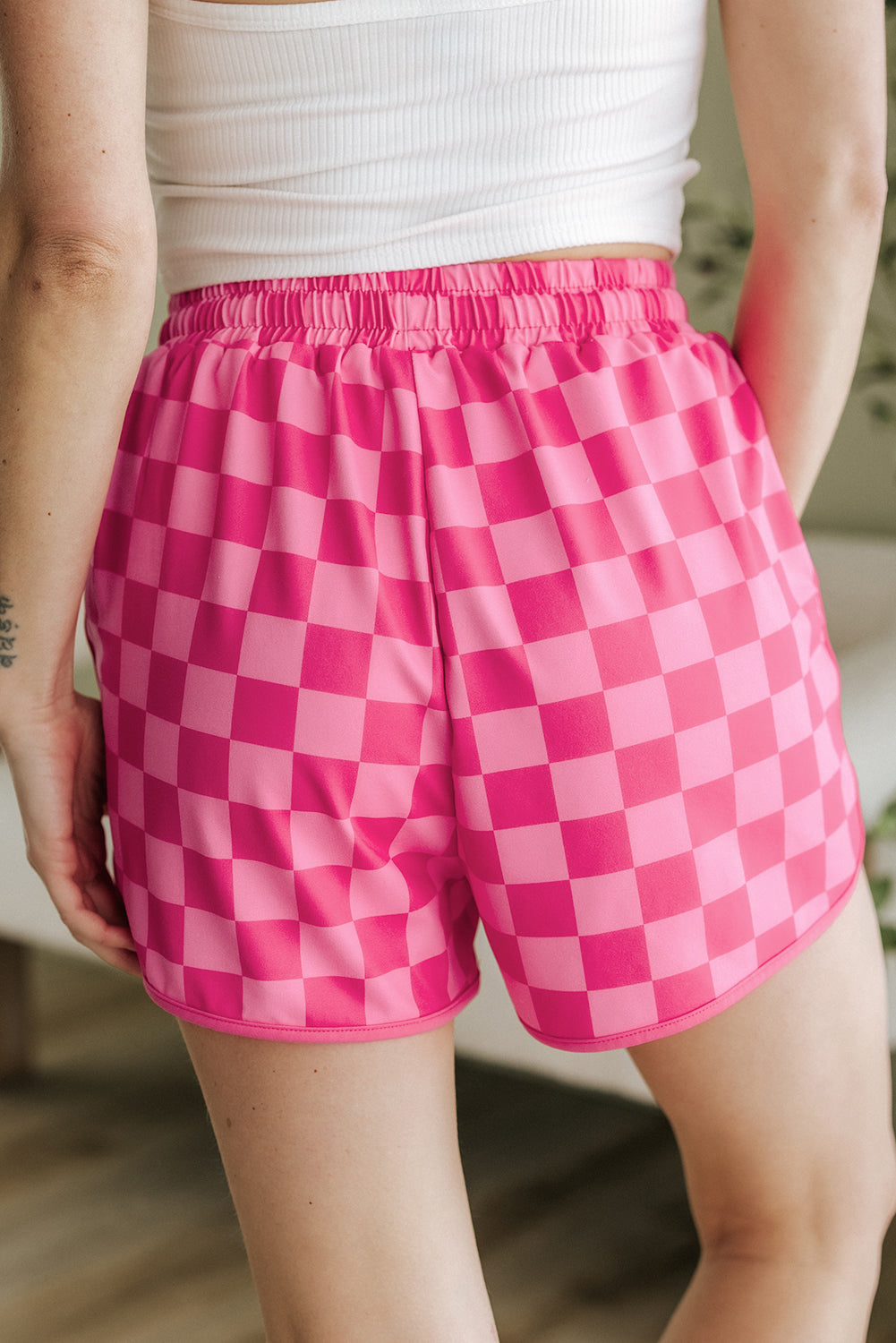 Rose Checkered Drawstring Elastic Waist Casual Shorts-Bella Boutique Collective