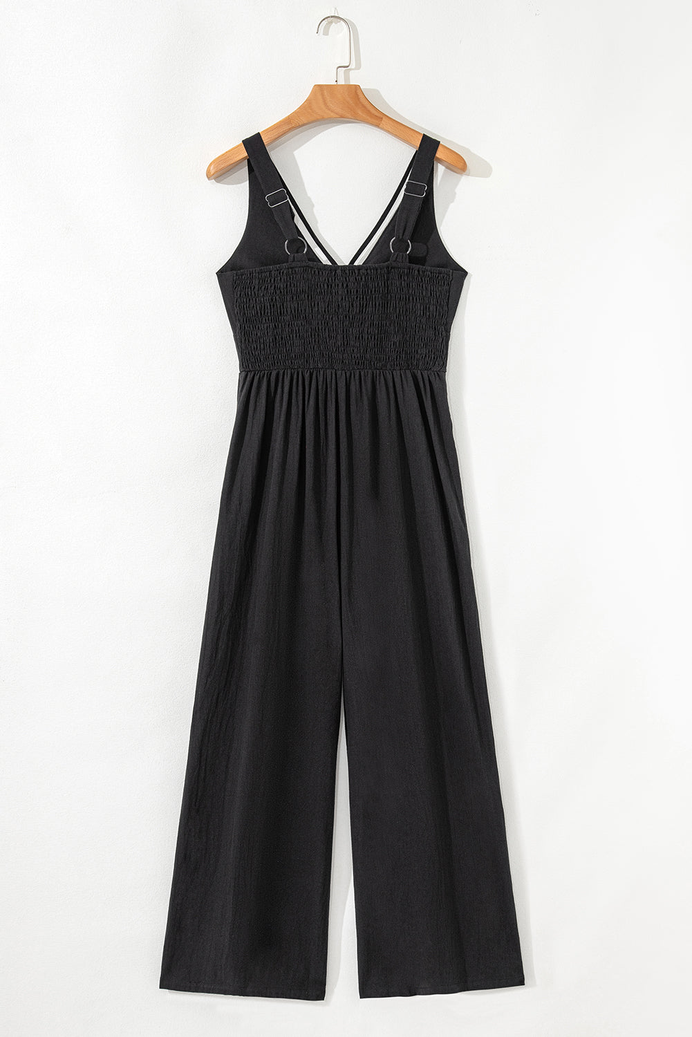 Black Front Cut Out Smocked Back Sleeveless Wide Leg Jumpsuit-Bella Boutique Collective