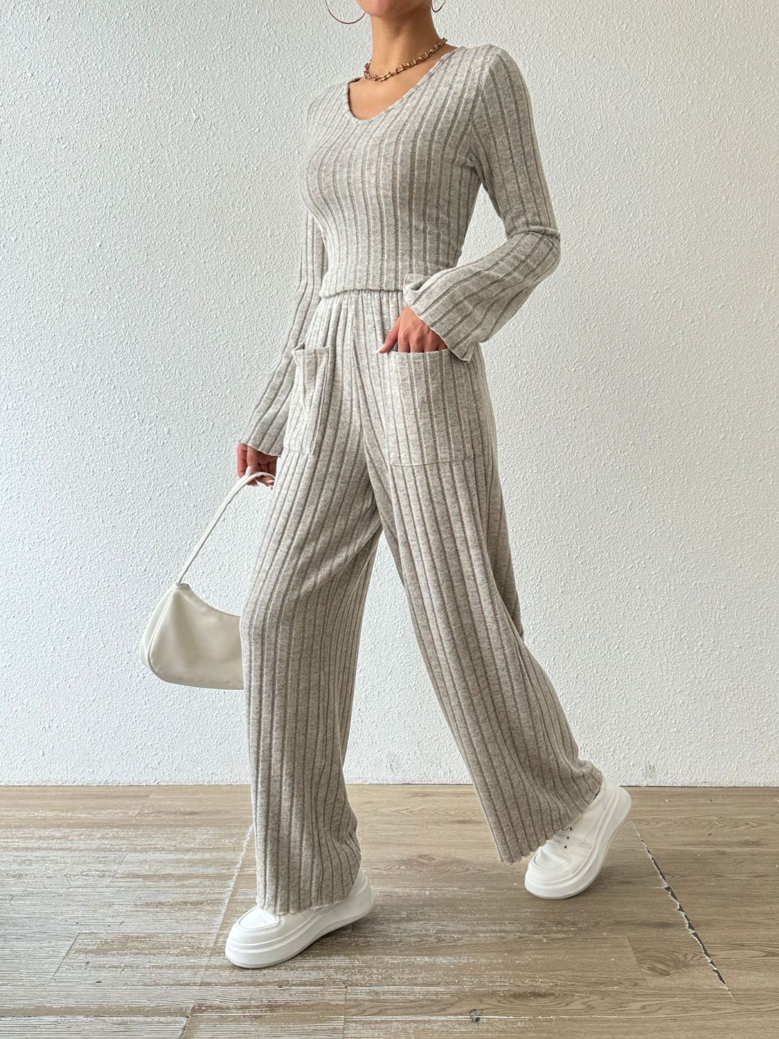 Ribbed V-Neck Long Sleeve Top and Pocketed Pants Set-Bella Boutique Collective