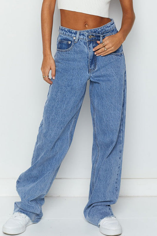 Blue Mid Rise Asymmetrical Waist Wide Leg Jeans-Bella Boutique Collective
