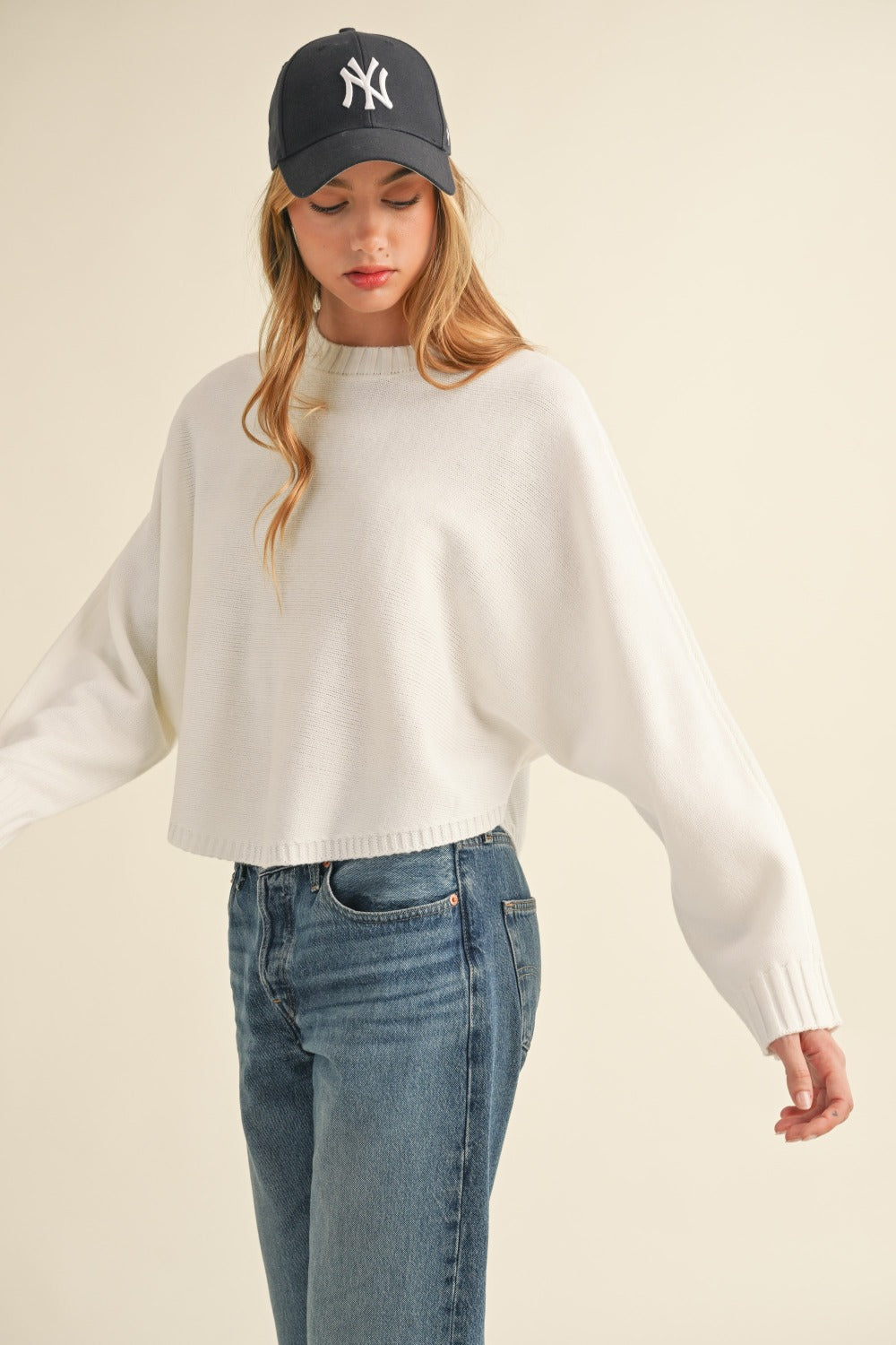 Mable Round Neck Dolman Sleeve Cropped Sweater-Bella Boutique Collective