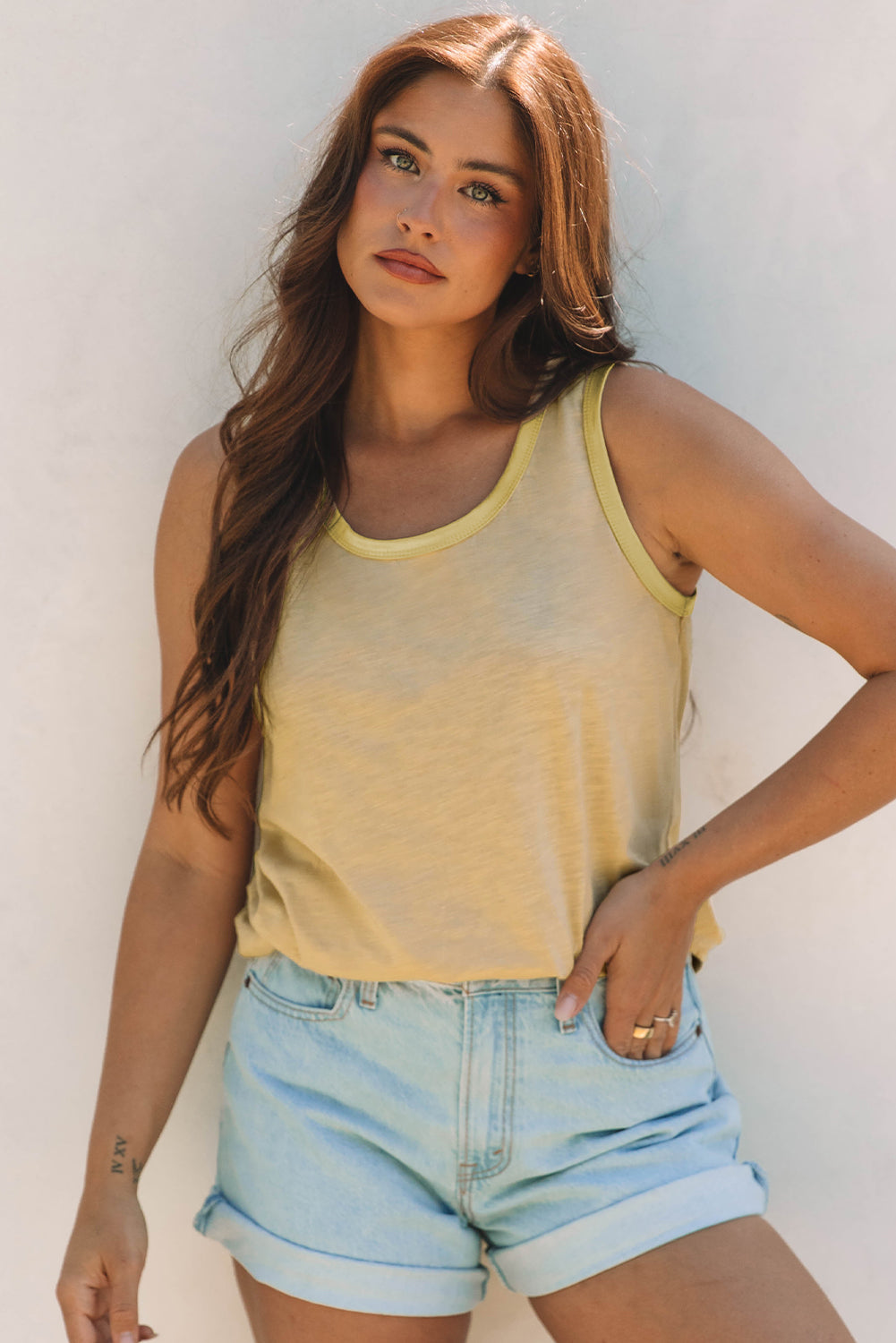 Tan Metallic Sheen Edge Scoop Neck Tank Top-Bella Boutique Collective