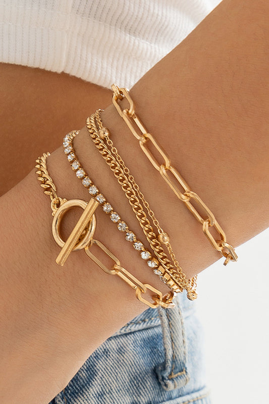 Gold Multi Layered Rhinestone Plated Chain Bracelet Set-Bella Boutique Collective