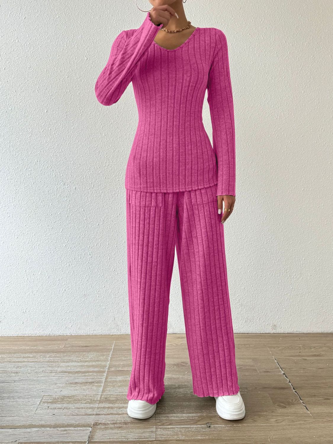 Ribbed V-Neck Long Sleeve Top and Pocketed Pants Set-Bella Boutique Collective