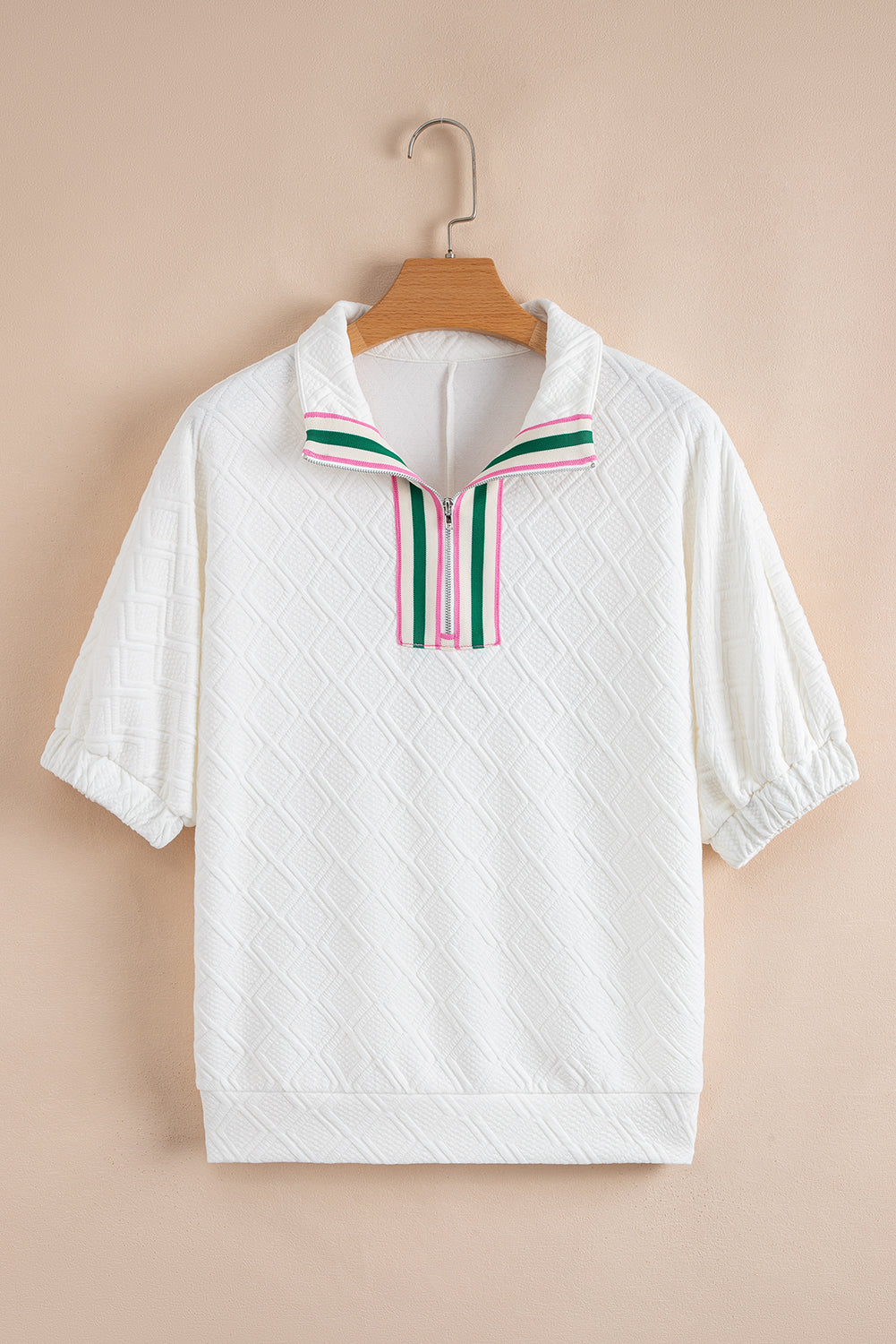 White Contrast Striped Collar Patchwork Textured Half Sleeve Blouse-Bella Boutique Collective