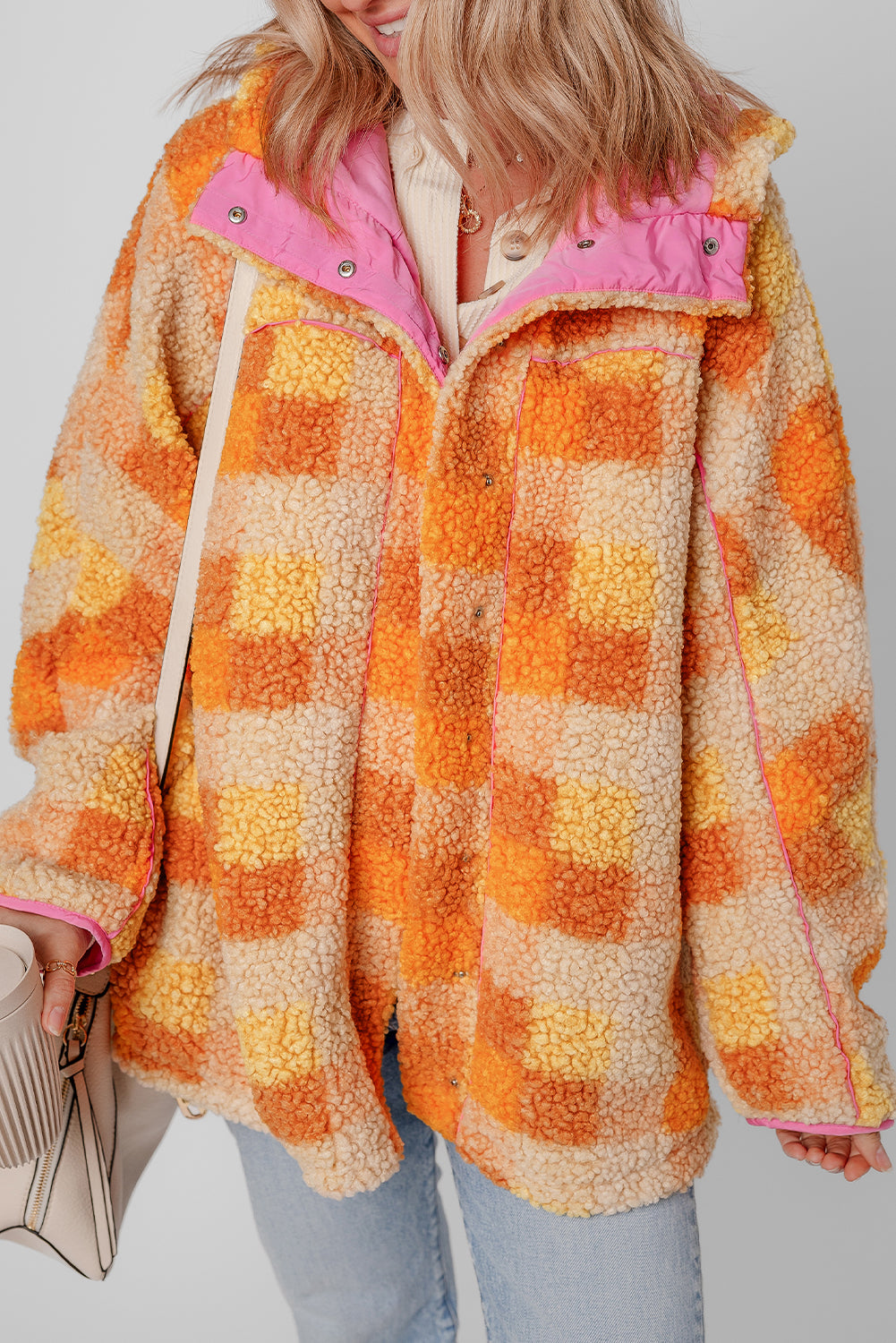 Orange Checkered Sherpa Hooded Jacket-Bella Boutique Collective