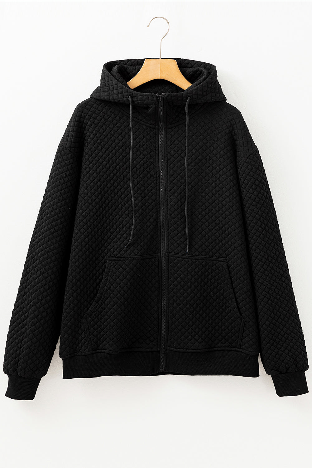 Black Quilted Side Pockets Zipper Hooded Jacket-Bella Boutique Collective
