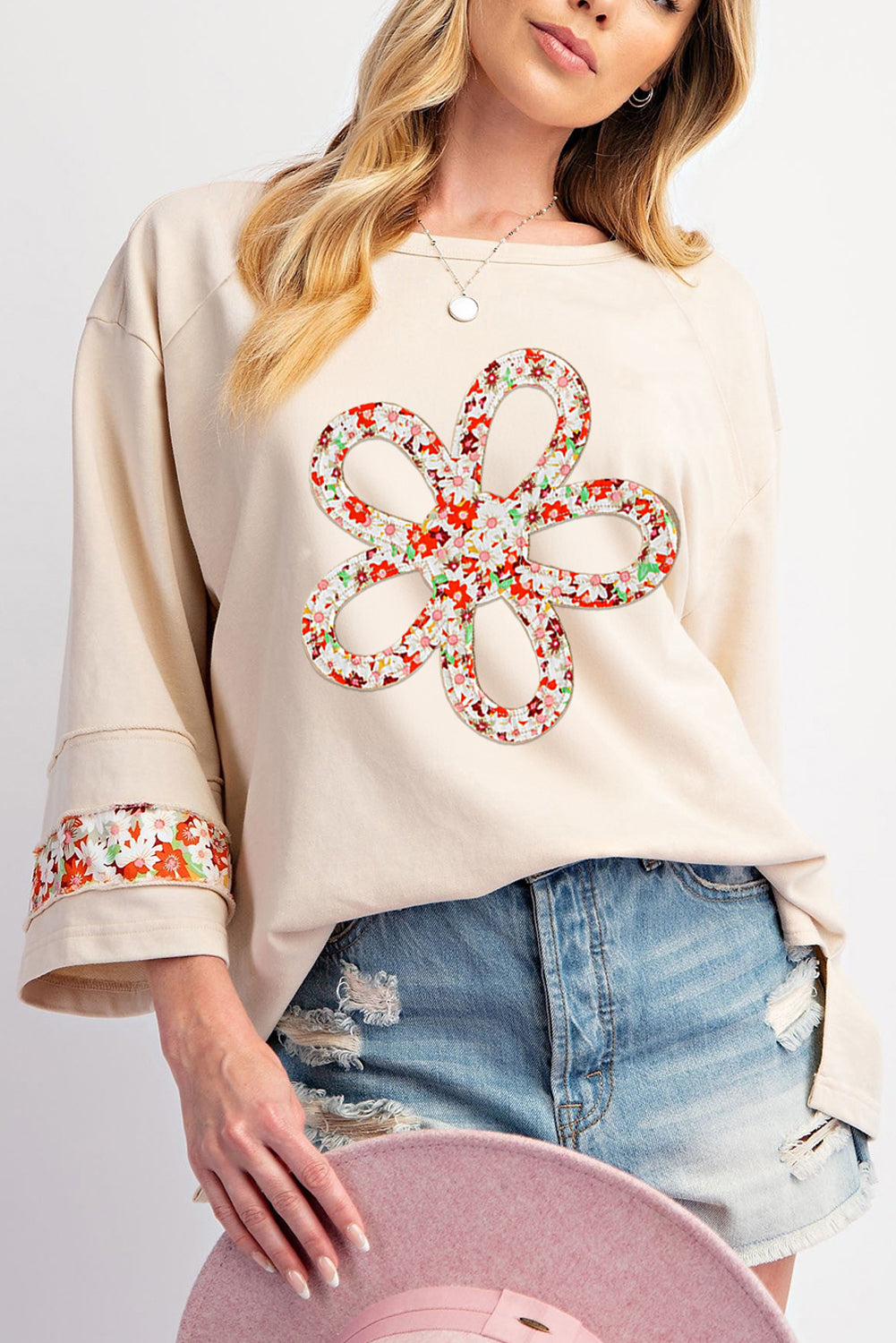 Beige Flower Patch Graphic Exposed Seam Wide Sleeve Top-Bella Boutique Collective