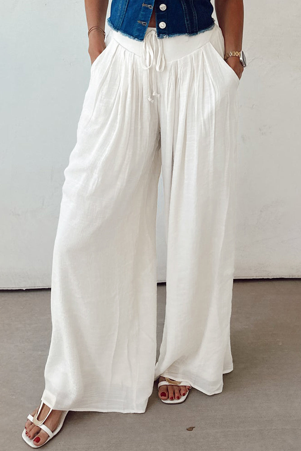 White Solid Drop Waist Pleated Wide Leg Casual Pants-Bella Boutique Collective