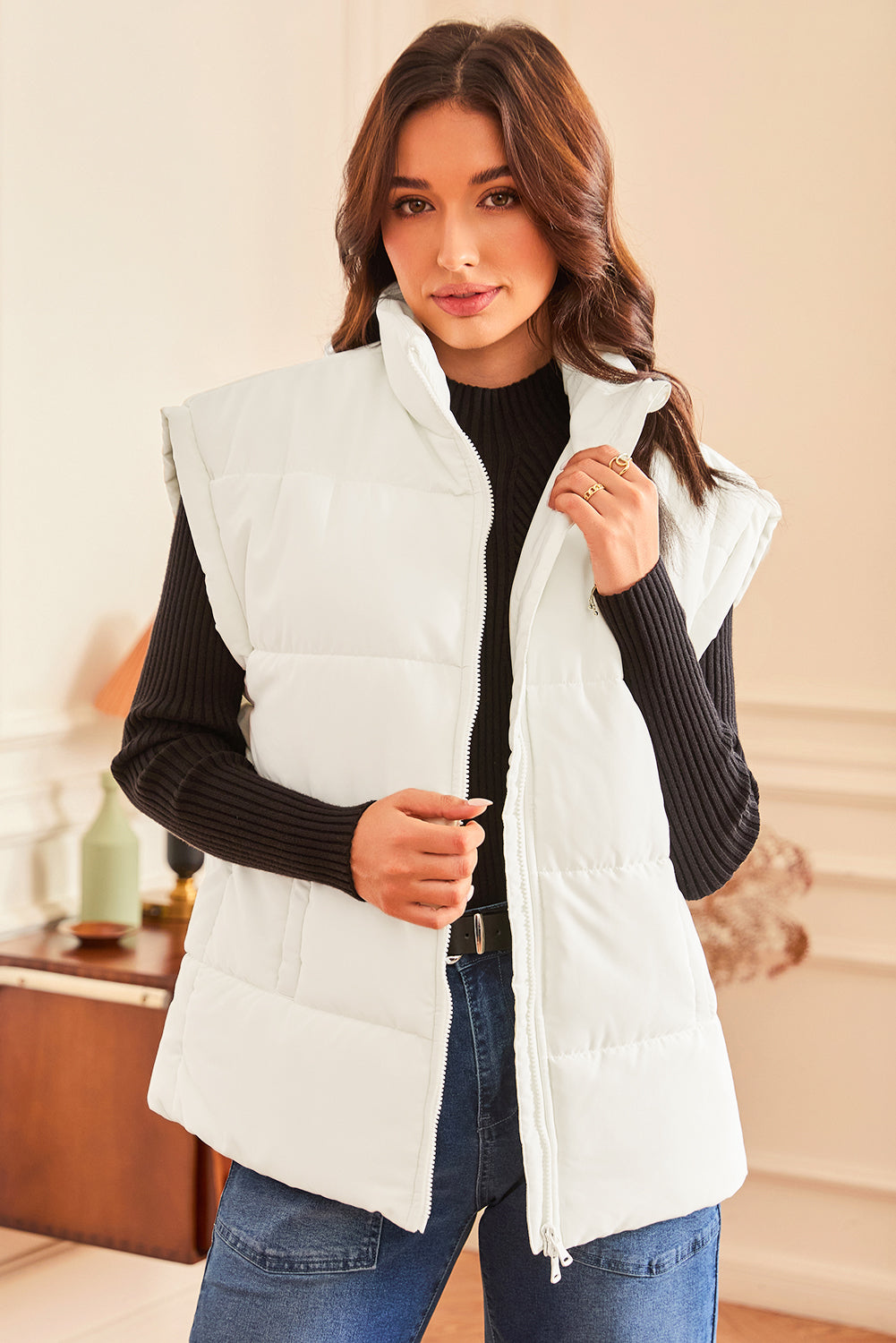 Beige Zipper Stand Neck Oversized Puffer Vest-Bella Boutique Collective