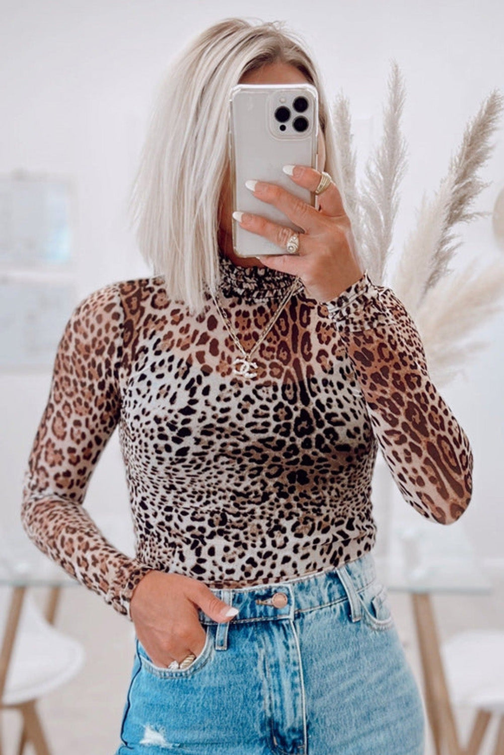Brown Leopard Smocked Neck Mesh Long Sleeve Bodysuit-Bella Boutique Collective