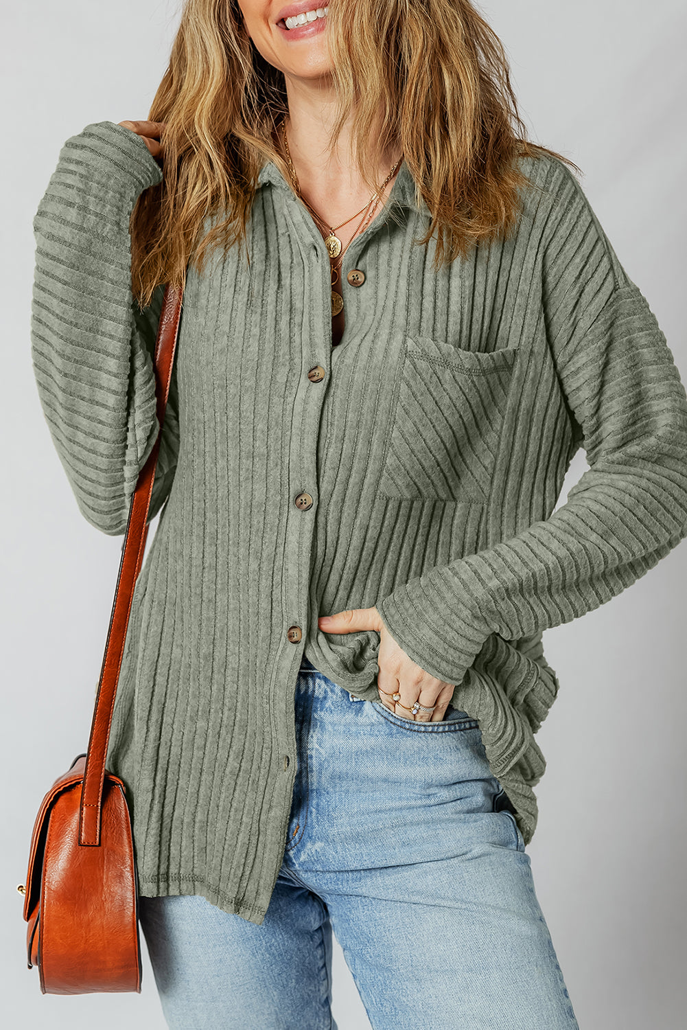 Mist Green Thermal Ribbed Texture Drop Shoulder Button Up Shacket-Bella Boutique Collective
