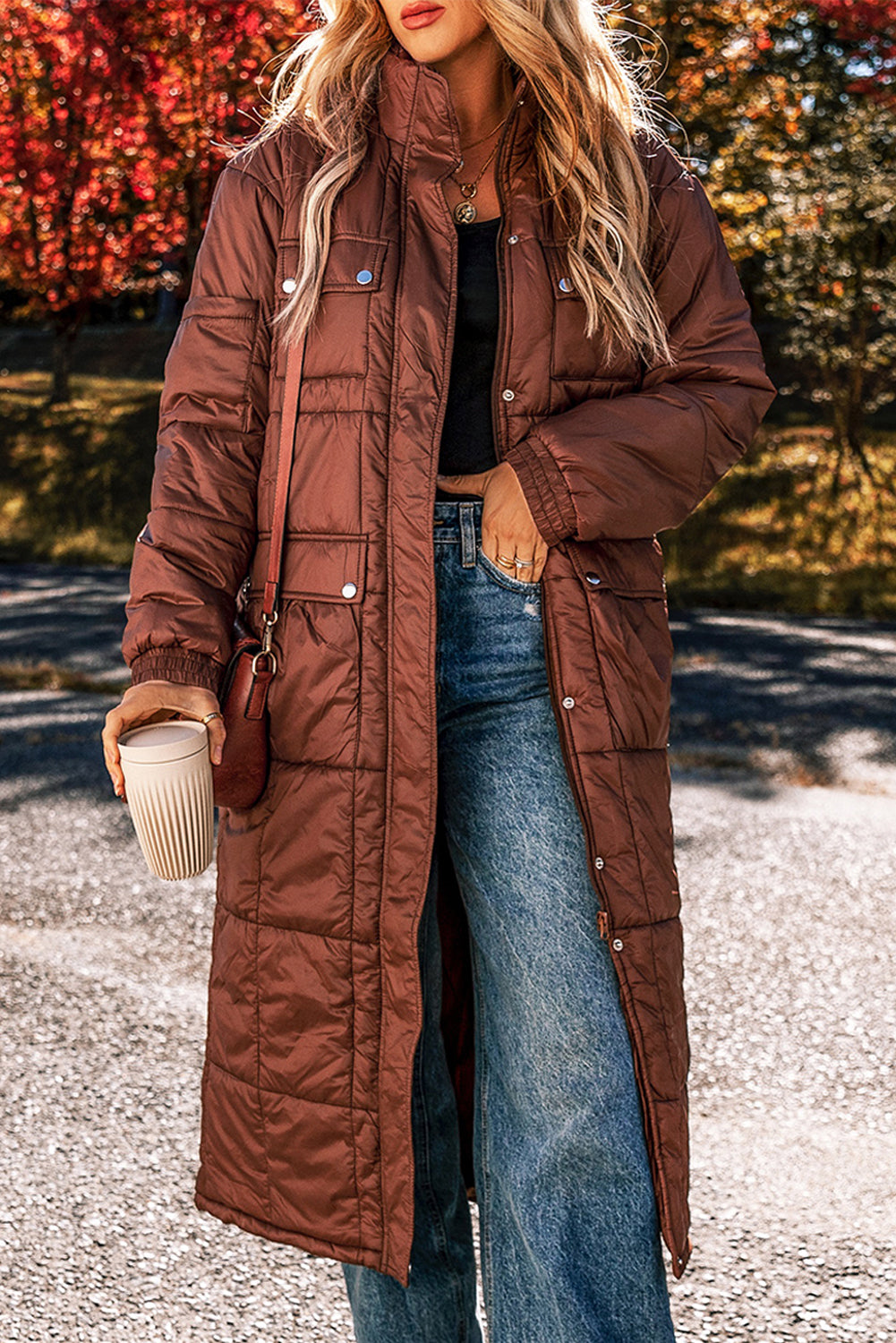 Coffee Quilted Puffer Stand Neck Zipped Mid-length Coat-Bella Boutique Collective