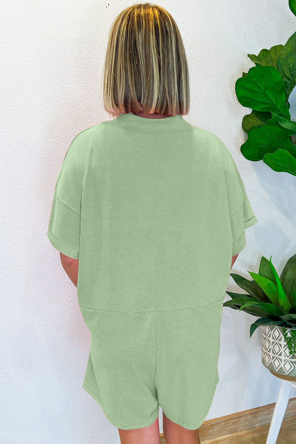 Grass Green Loose Half Sleeve V Neck Knit Romper-Bella Boutique Collective