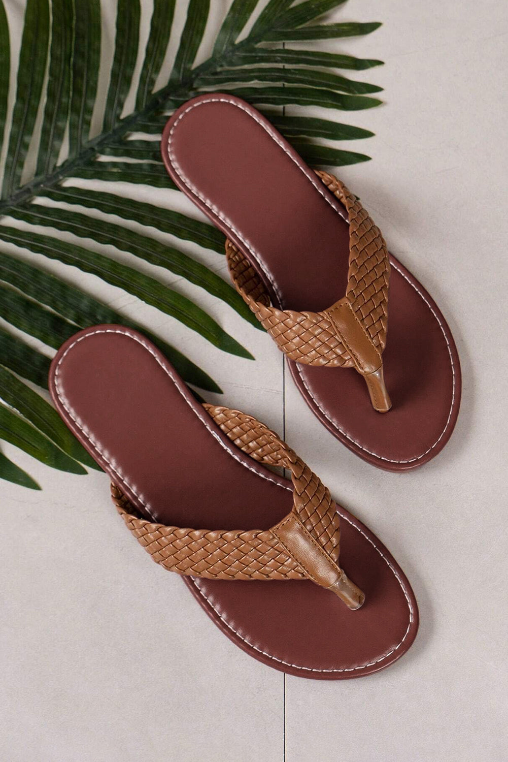 Chestnut Braided Strap PU Leather Flip Flop-Bella Boutique Collective