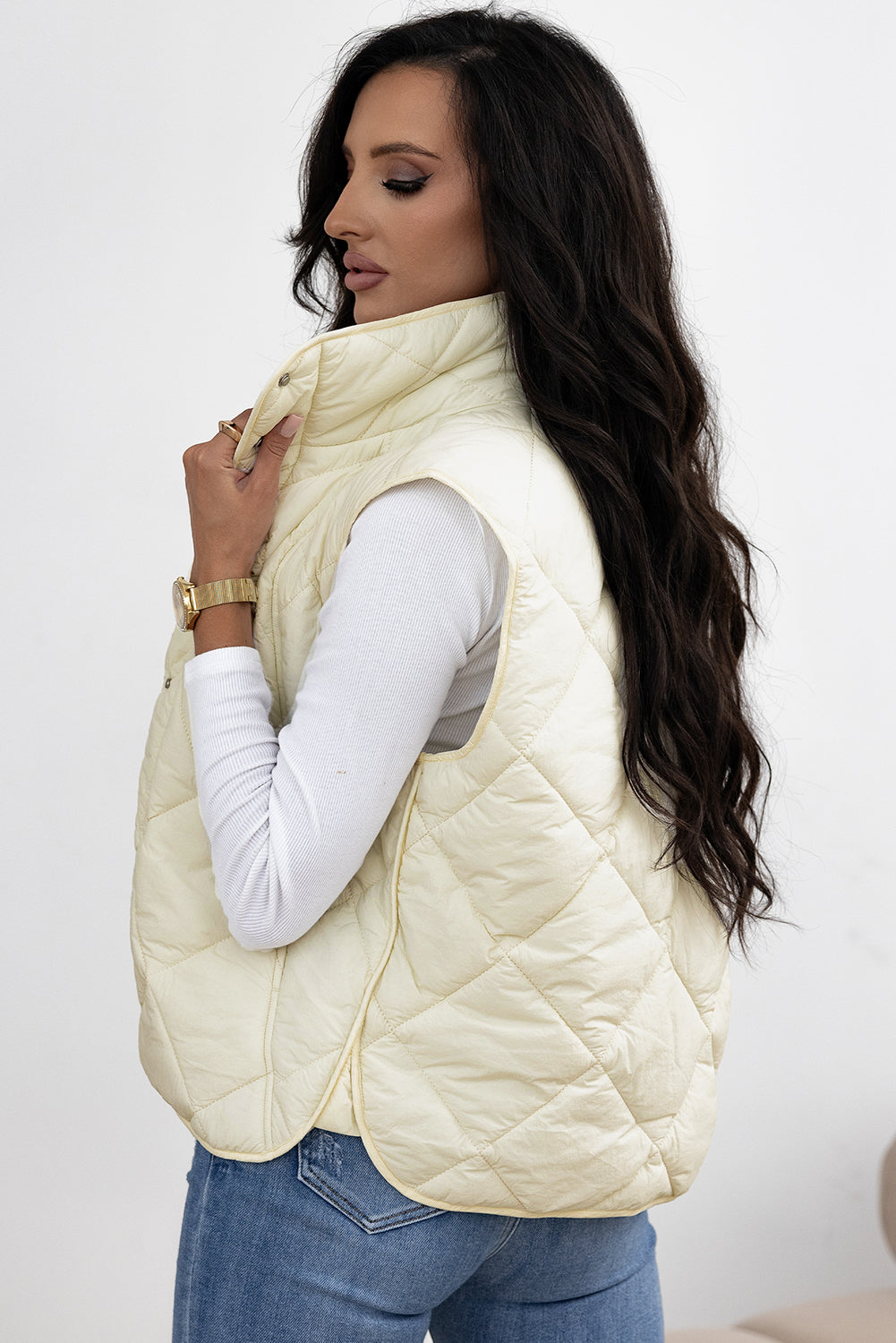 Beige Quilted High Neck Button Up Pocket Vest Coat-Bella Boutique Collective
