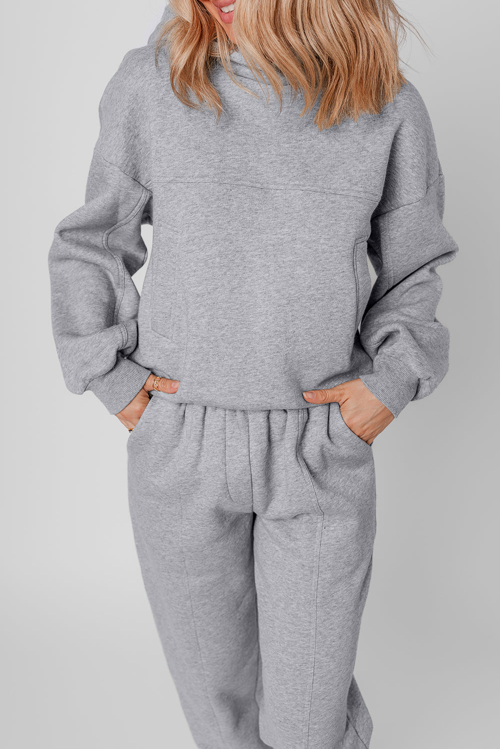 Gray Solid Exposed Seams Hoodie and Joggers Activewear Set-Bella Boutique Collective