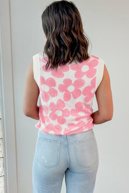 Pink Cute Flower Knitted V Neck Tank Top-Bella Boutique Collective