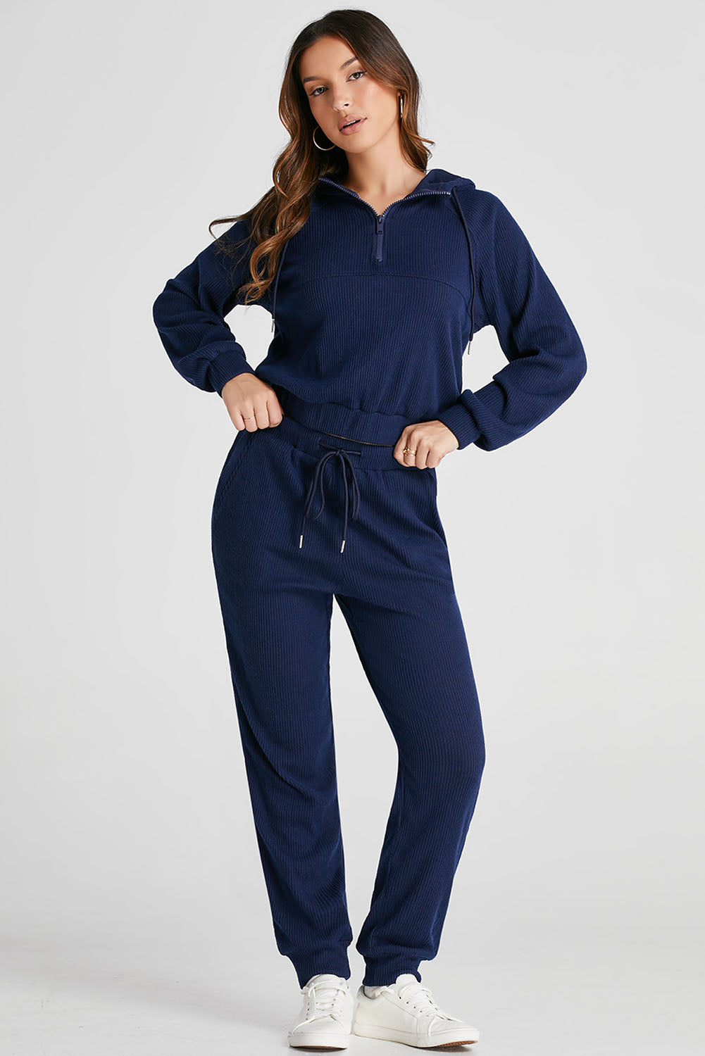 Navy Blue Ribbed Knit Cropped Hoodie and Drawstring Joggers Set-Bella Boutique Collective