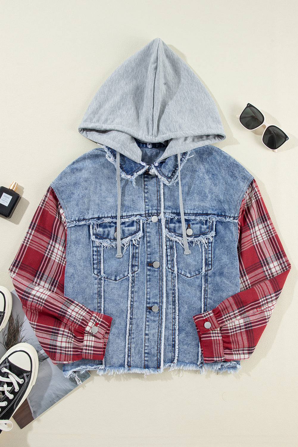 Beau Blue Plaid Print Patchwork Hooded Raw Hem Denim Jacket-Bella Boutique Collective