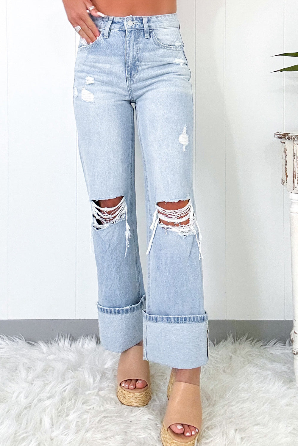 Beau Blue Light Wash Distressed Straight Jeans-Bella Boutique Collective