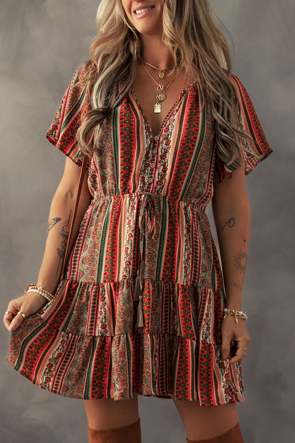 Red Bohemian Floral Print Buttoned V Neck Ruffle Tiered Dress-Bella Boutique Collective