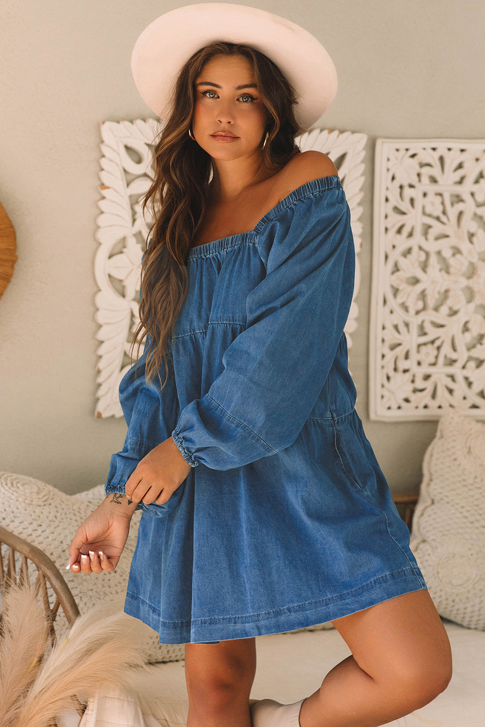 Dusk Blue Square Neck Side Pockets Loose Fit Denim Mini Dress-Bella Boutique Collective