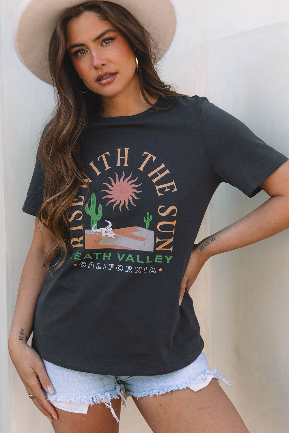Dark Grey RISE WITH THE SUN Western Fashion Graphic Tee-Bella Boutique Collective