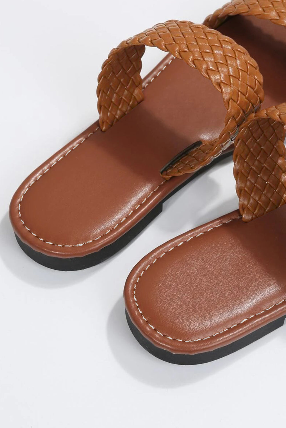 Chestnut Braided Double Band Leathered Flat Slippers-Bella Boutique Collective
